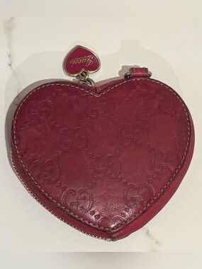 Gucci Red Heart-Shaped Guccissima GG Embossed Coin Case with Gold heart Charm